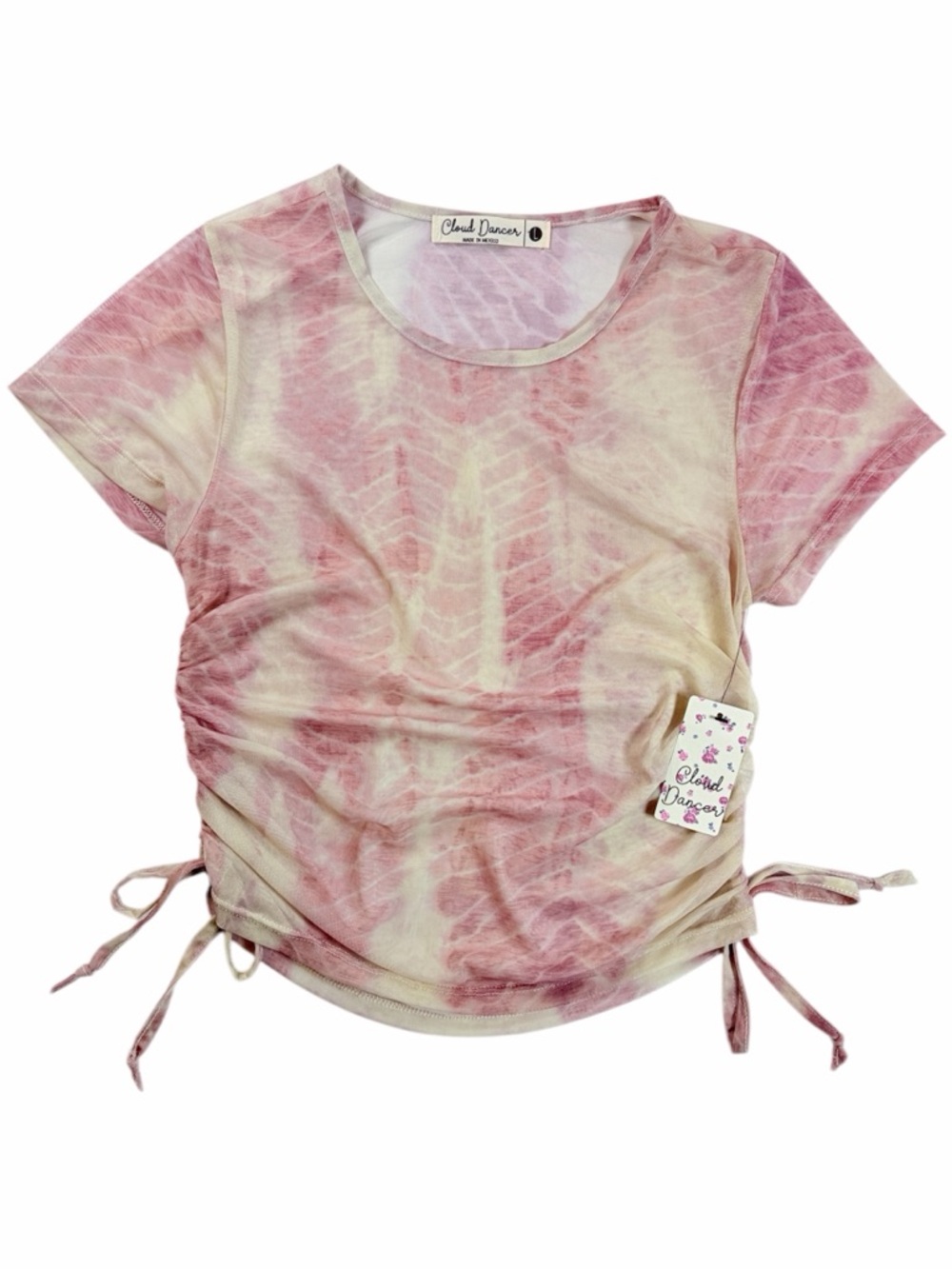 Cloud Dancer‎ Y2K Ruched Mesh Top Women Large Pink Tie Dye Short Sleeve Sheer